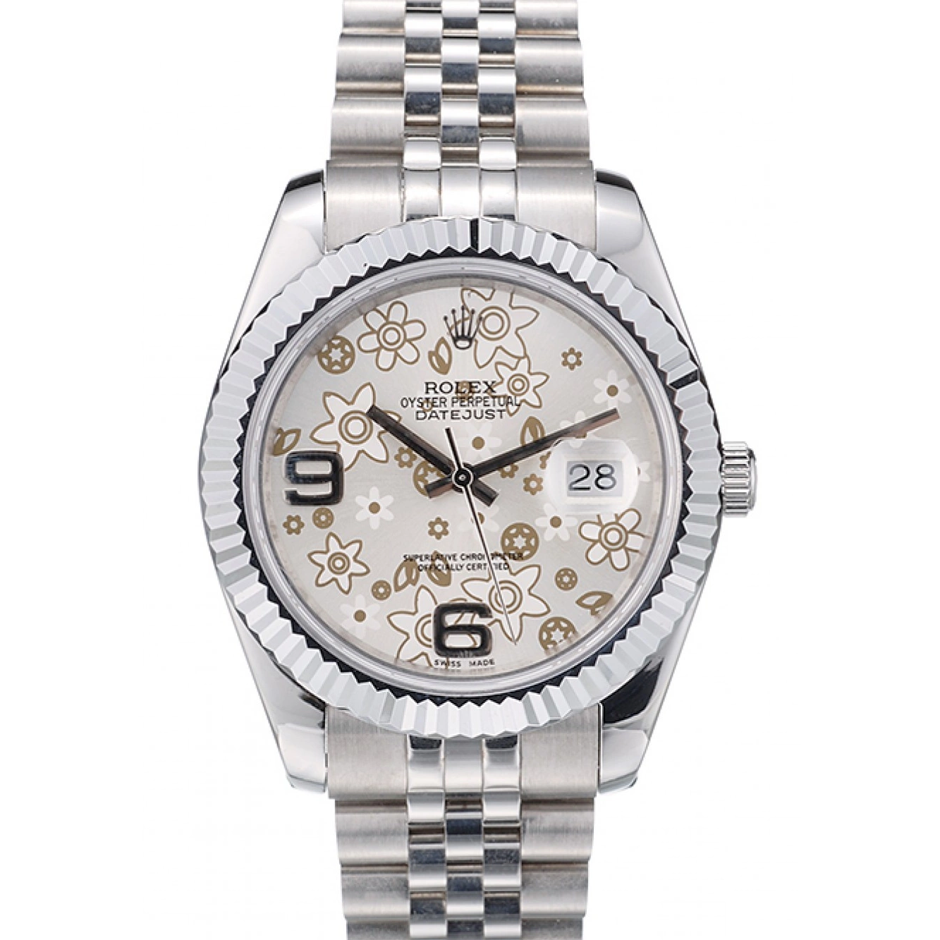 Aaa fake watches Stainless Bezel 42001 Steel Swiss Rolex DateJust Ribbed Silver Flower Dial 0820